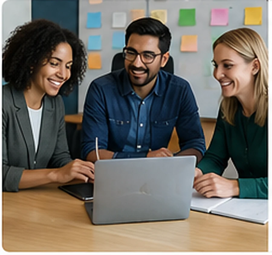 Colleagues sharing ideas around a laptop